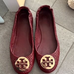 Tory Burch Burgundy Quilted Flats with Gold Emblem